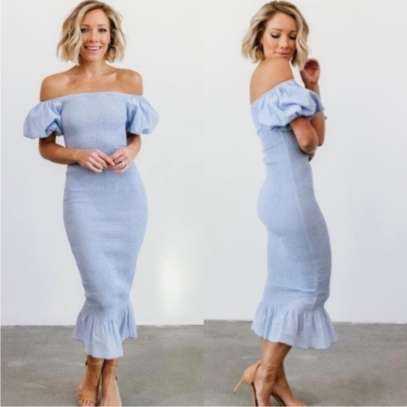 Baltic Born Dresses & Skirts - Baltic Born Alana Blue Ruched Off-Shoulder Midi Dress